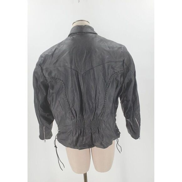 Vintage Interstate Leather Jacket Womens Motorcycle Black Lace Up Side Braided - Picture 7 of 12